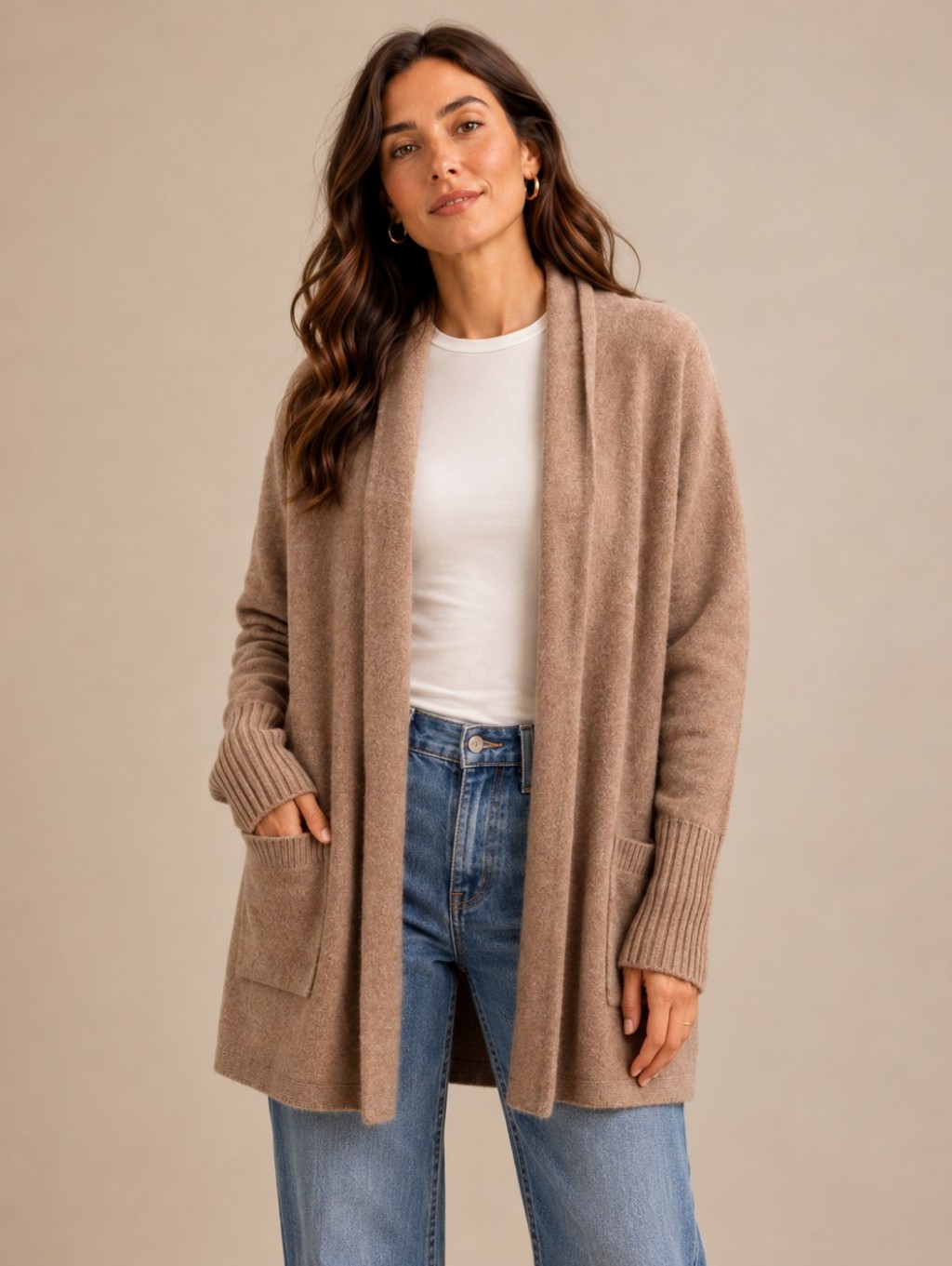 100% 2-Ply Cashmere Joie Long Open Front Cardigan Camel Taupe Xs Pockets